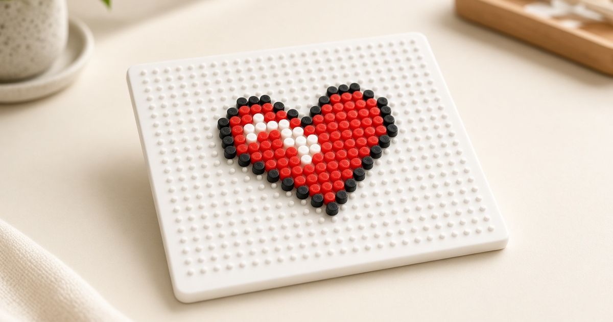 Round red, white, and black fuse beads forming a heart on a white pegboard